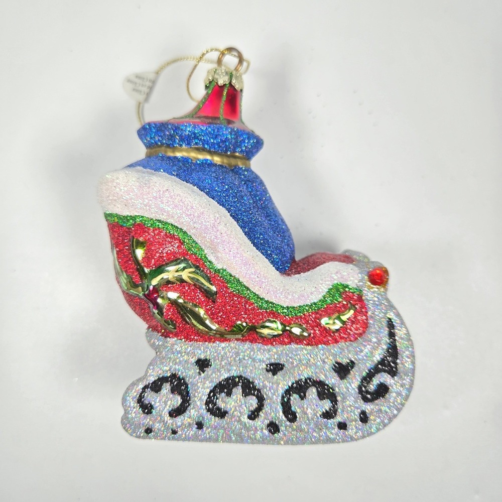 Blown Glass Christmas Ornament Santa's Sleigh Glitter‎ Sparkle Bejeweled Costco